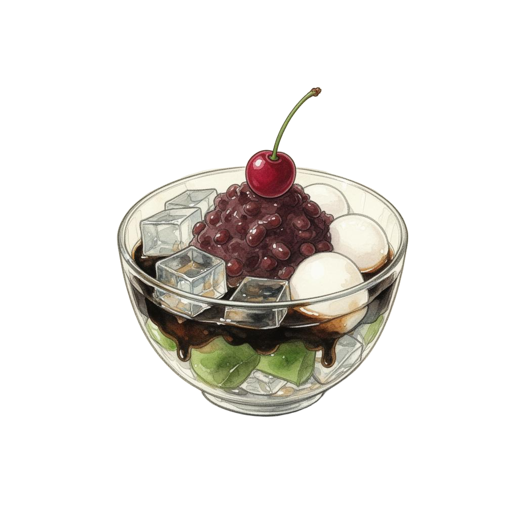Hand-painted watercolor of an anmitsu bowl with agar jelly, azuki paste, gyūhi mochi and kuromitsu syrup