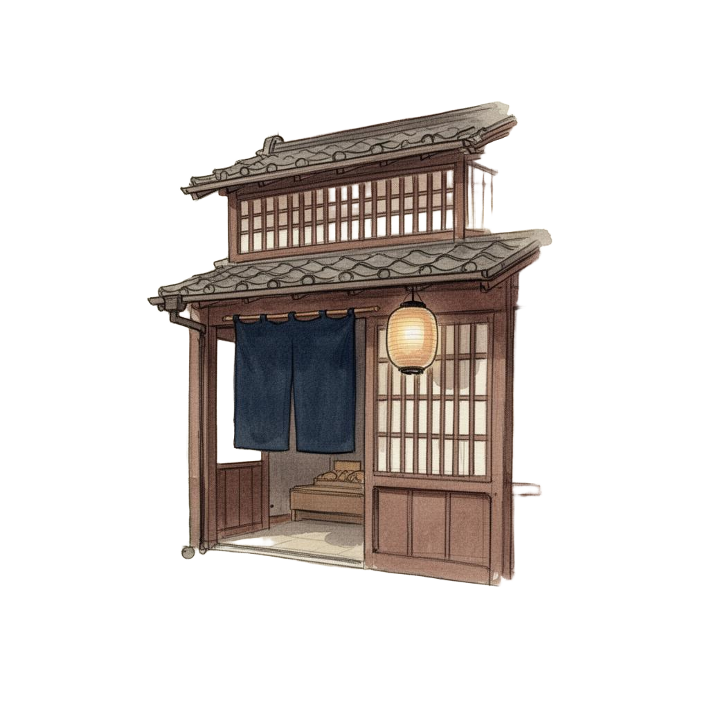 Hand-painted watercolor of the Hatsune shopfront in Ningyōchō with a navy noren curtain and paper lantern