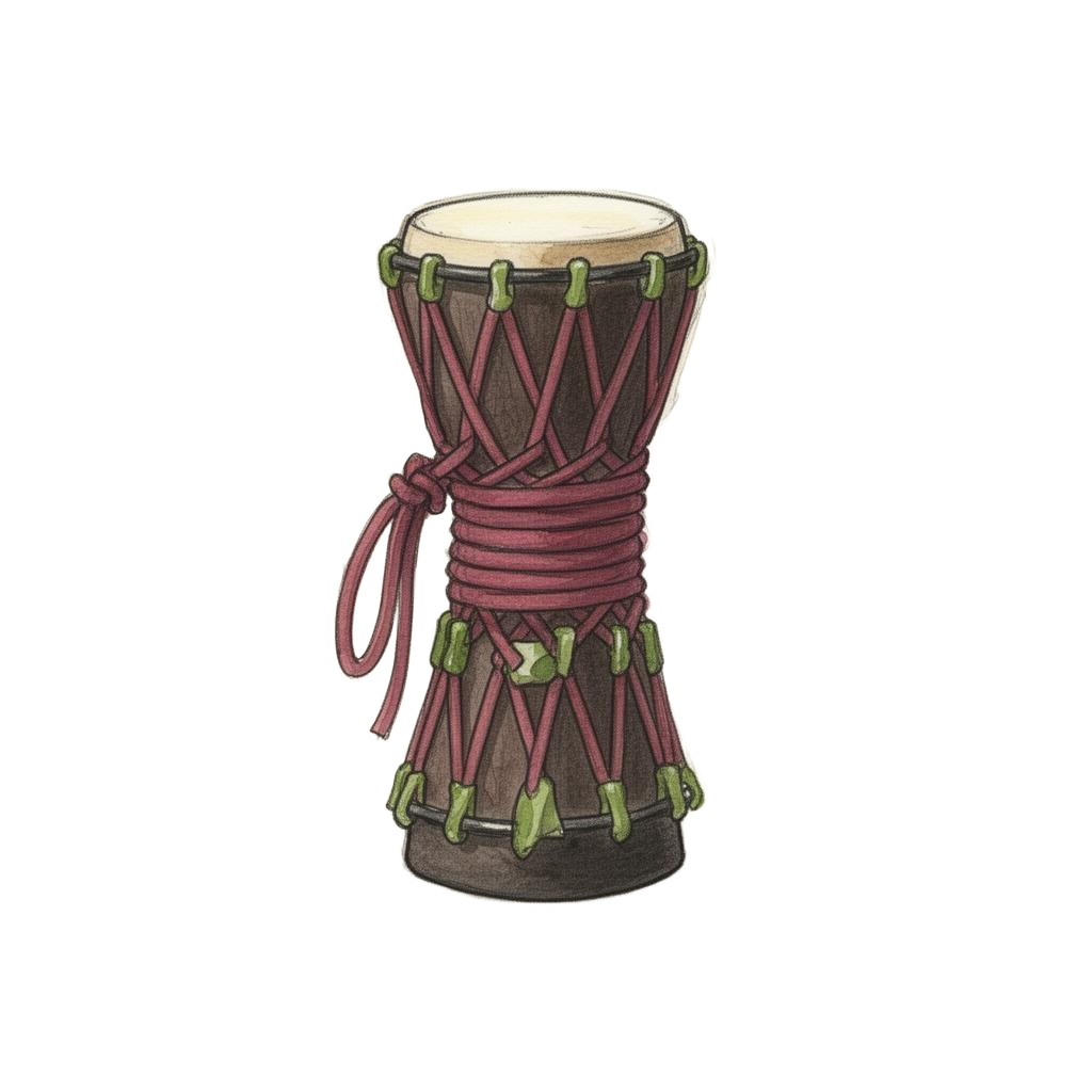 Hand-painted watercolor of a Hatsune-no-tsuzumi hand drum with red lacing cords
